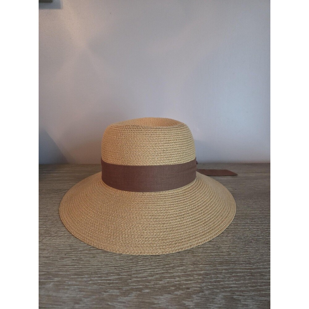 Furtalk Sun Hat Womens Adjustable M/L‎ Beige Straw Wide Brim Ribbon Bow Beach